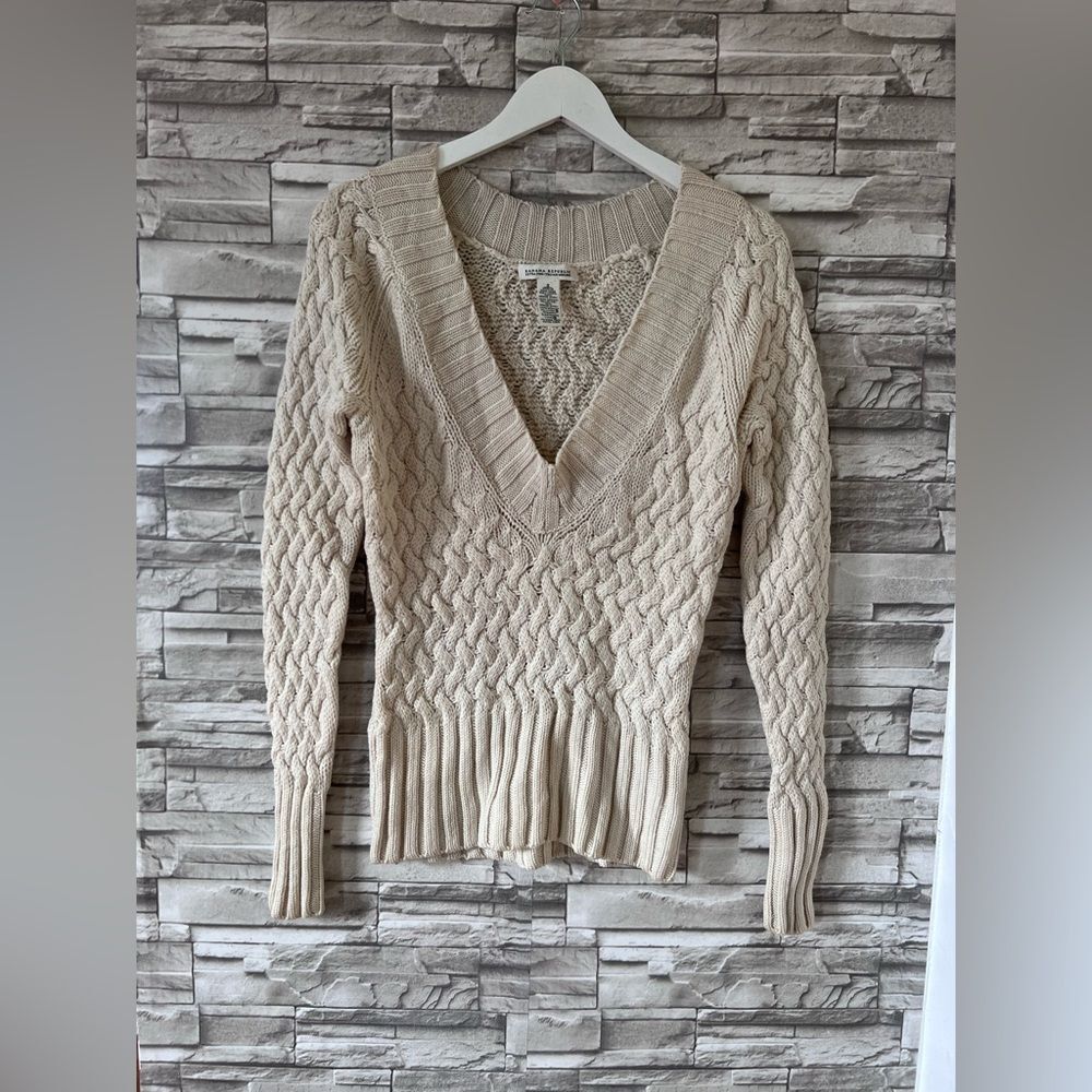 Banana Republic Womens Small Italian Merino Deep V-neck Cable Knit Tunic Sweater